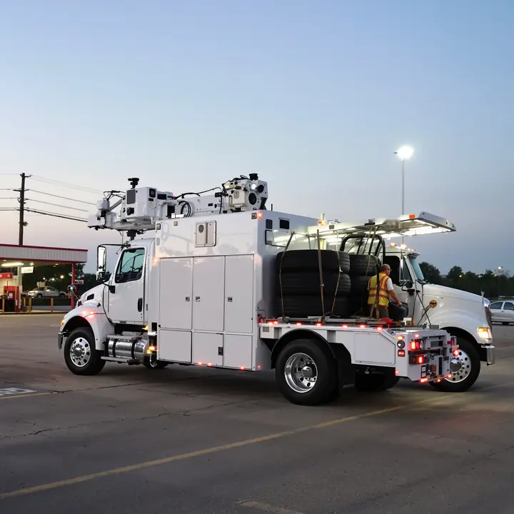 Mile Zero service truck loaded with new semi tires at a fuel island before dawn