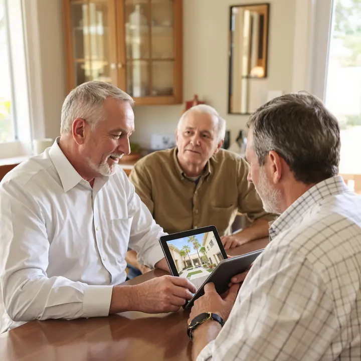 Advisor showing a father and son a community photo on a tablet at their kitchen table