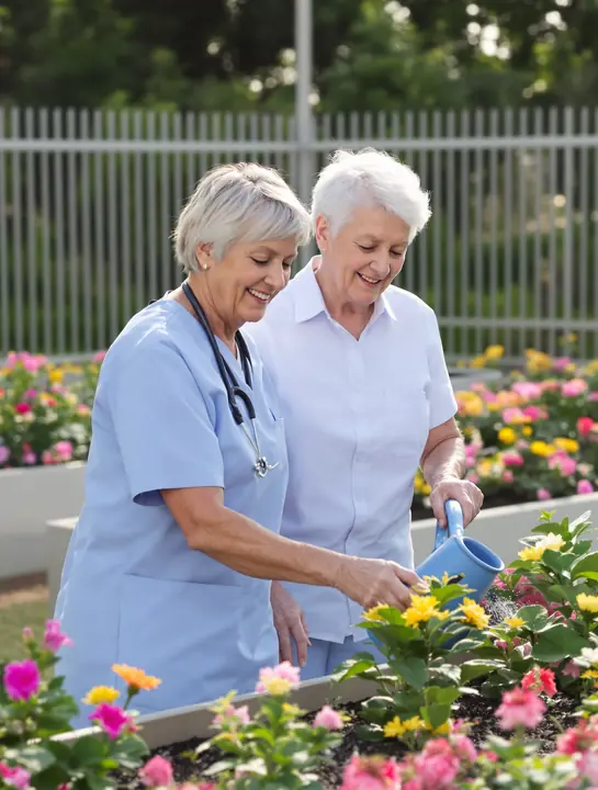 Caregiver and resident watering flowers in a fenced garden