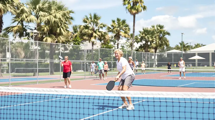 Retirees playing doubles pickleball on blue courts under palm trees