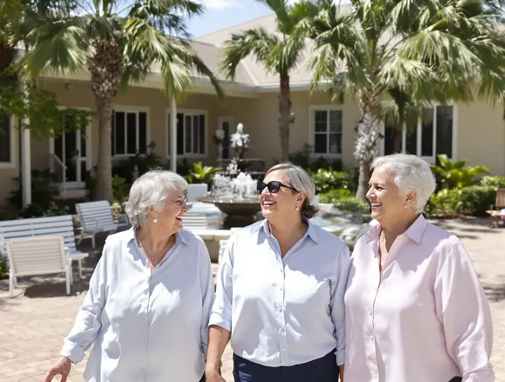 Advisor touring a sunny courtyard with a mother and daughter