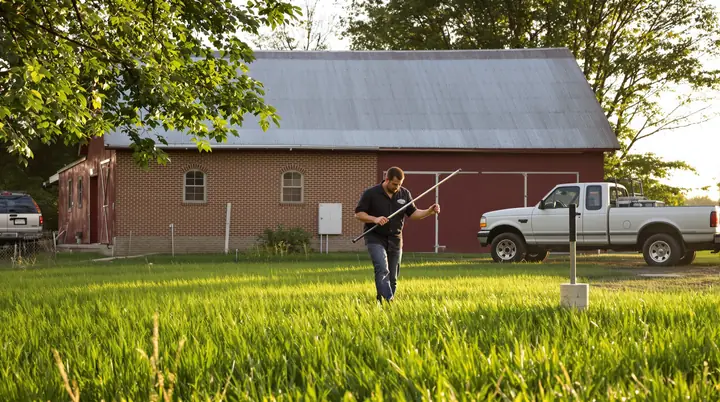 Probing a drain field behind a brick ranch near Versailles