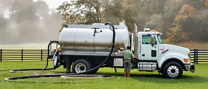 Plank Fence pump truck at a farmhouse outside Lexington with horse fences behind