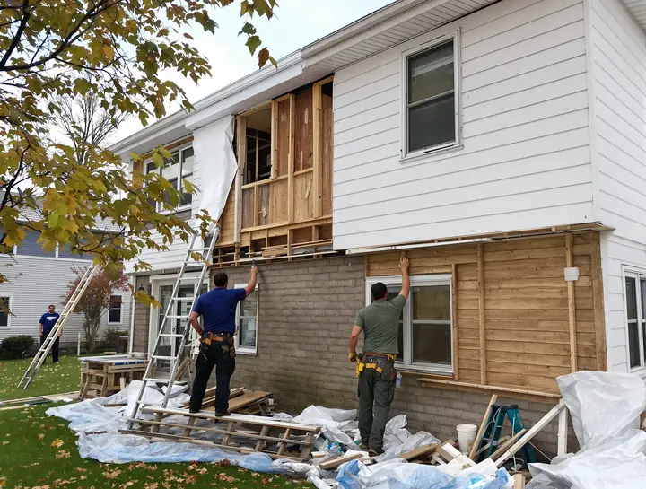 Old aluminum siding coming off a house in Kenmore, house wrap going on