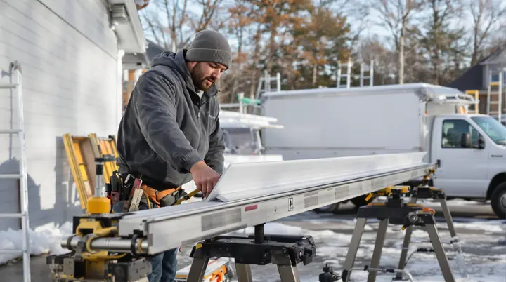 Installer bending white aluminum trim coil on a brake in a driveway