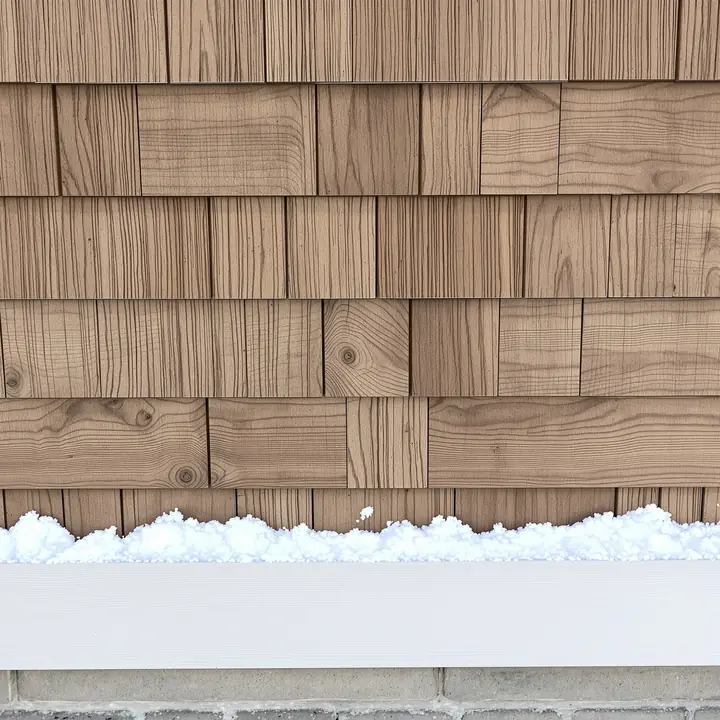 Close view of engineered wood lap siding with snow on the ledges