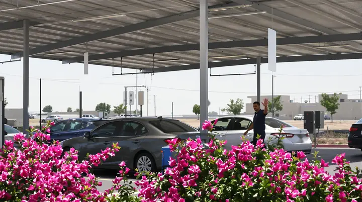 Cars lined up under the shade canopy at the smog station