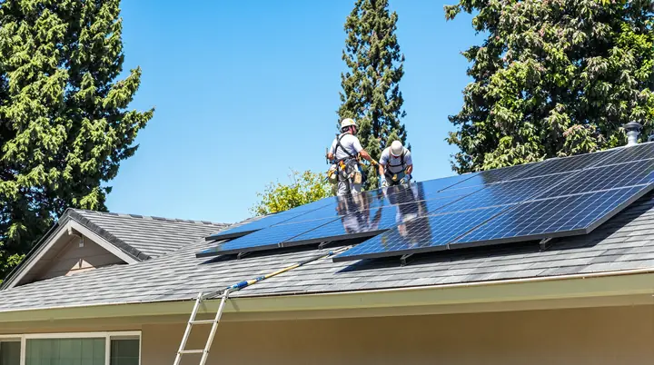 Valley Sun installers setting solar panels on a stucco ranch home in Sacramento