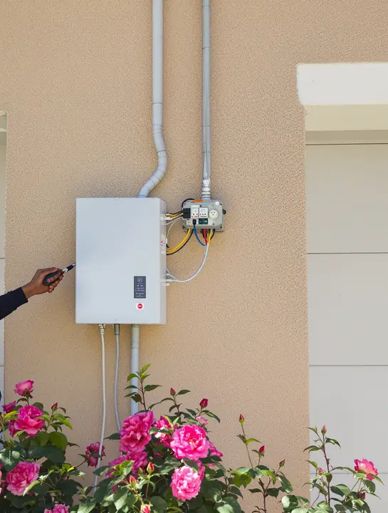Electrician wiring an inverter on a stucco wall