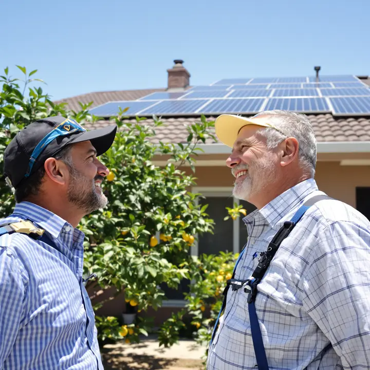 Installer and homeowner looking up at a finished array in Carmichael