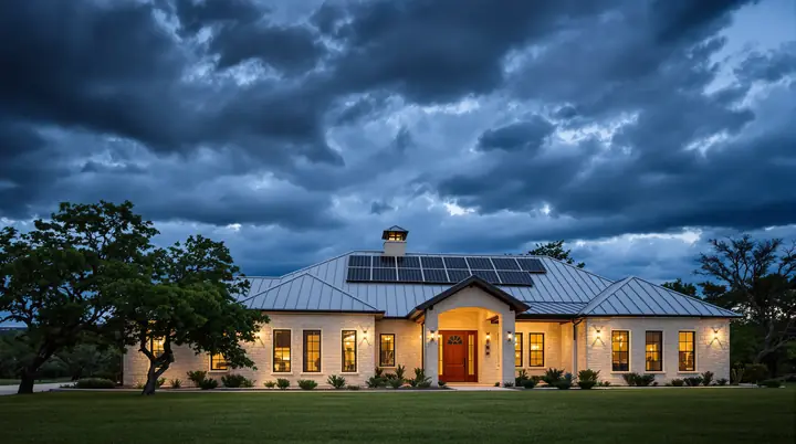 Limestone Hill Country home with solar on a metal roof, lights on as a storm rolls in