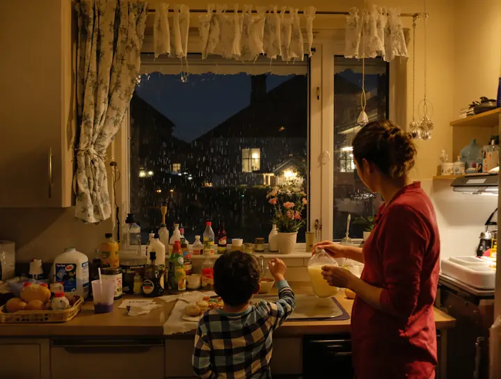 Family in a lit kitchen during a storm while the street outside is dark