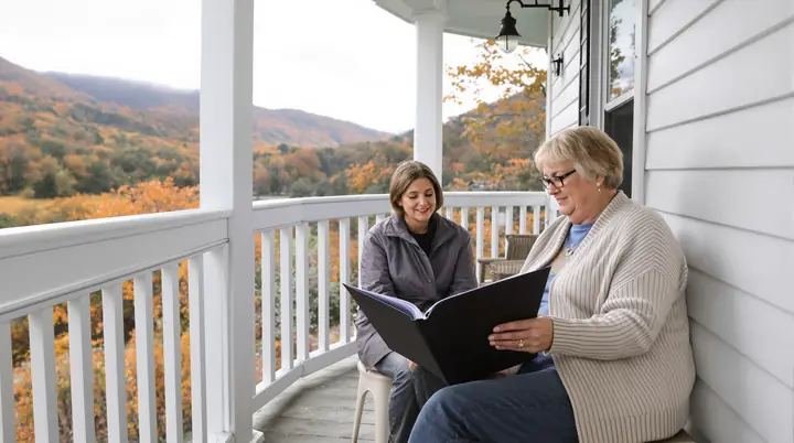 Carla Ashby going over a folder with a client on her porch in the hills