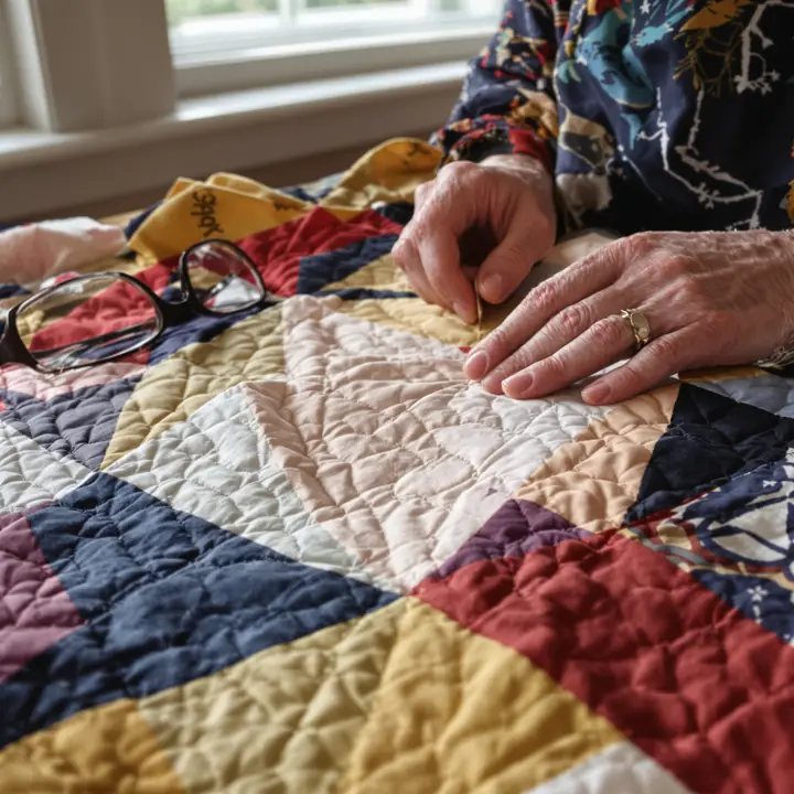 A client's hands stitching an indigo, gold and red quilt