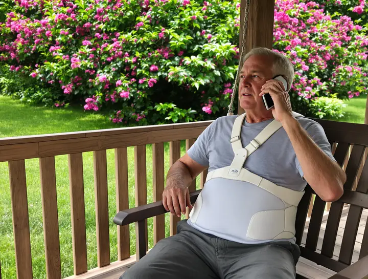 A client talking with our office by phone from his porch swing in Benton