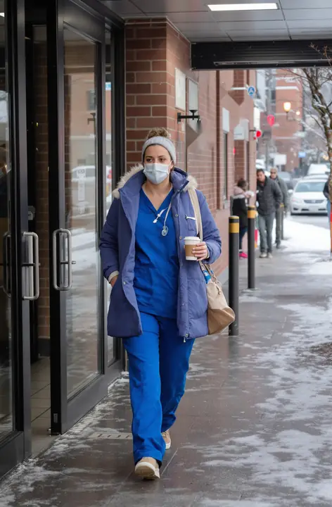 Nurse walking out after a night shift at an Albany hospital