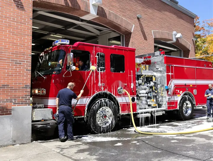 Firefighters washing their engine outside an Albany firehouse