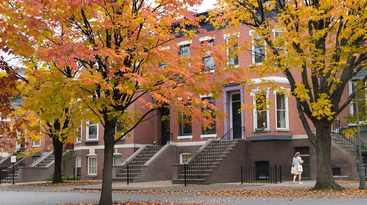 Brick rowhouses on a Center Square street in autumn