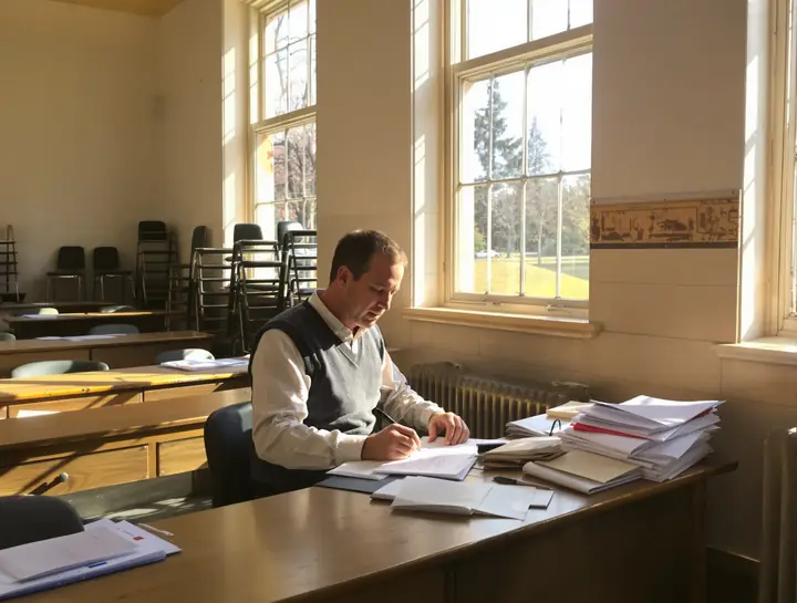 Teacher grading papers in an empty classroom after school