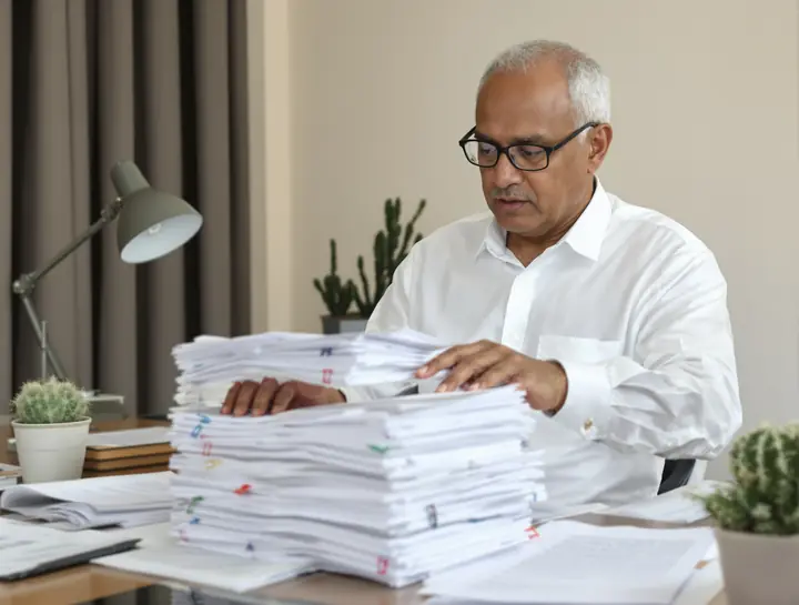 CPA sorting a tall stack of back tax records
