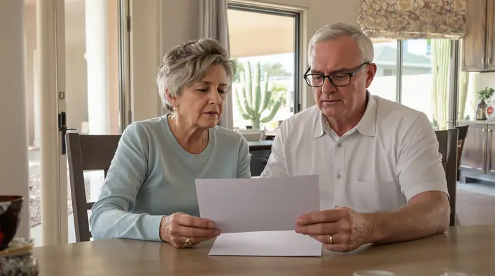 Retired couple reading an IRS letter at their dining table in Sun City
