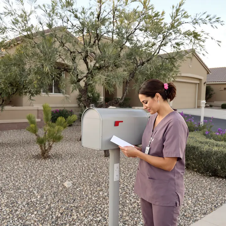 Nurse holding a letter at a cluster mailbox in a Peoria subdivision
