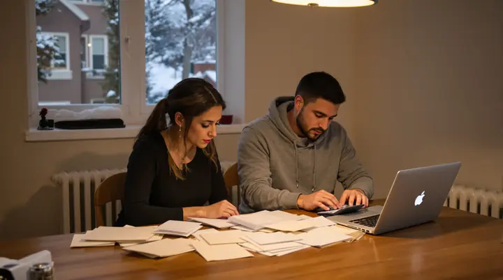 A couple sorting receipts into envelopes at their kitchen table