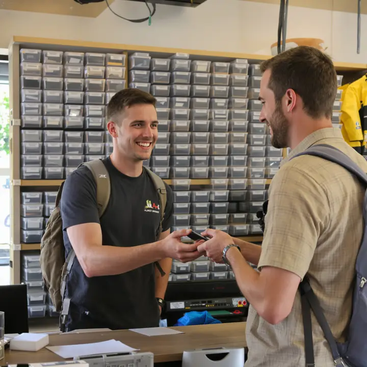 Handing a fixed phone back to a student at the counter