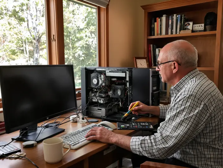 Cleaning dust out of a desktop computer at a home office