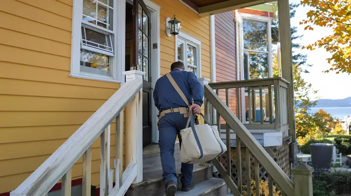 Technician carrying a tool bag up the porch of a house near Lake Champlain