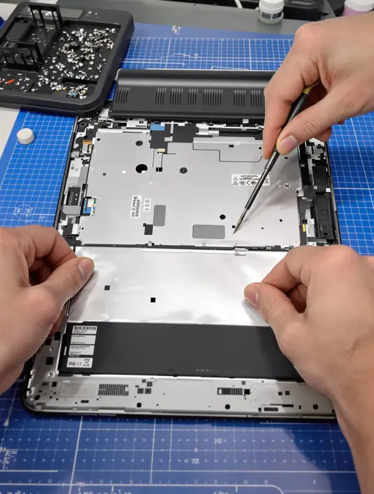 Hands replacing a laptop battery on a blue repair mat