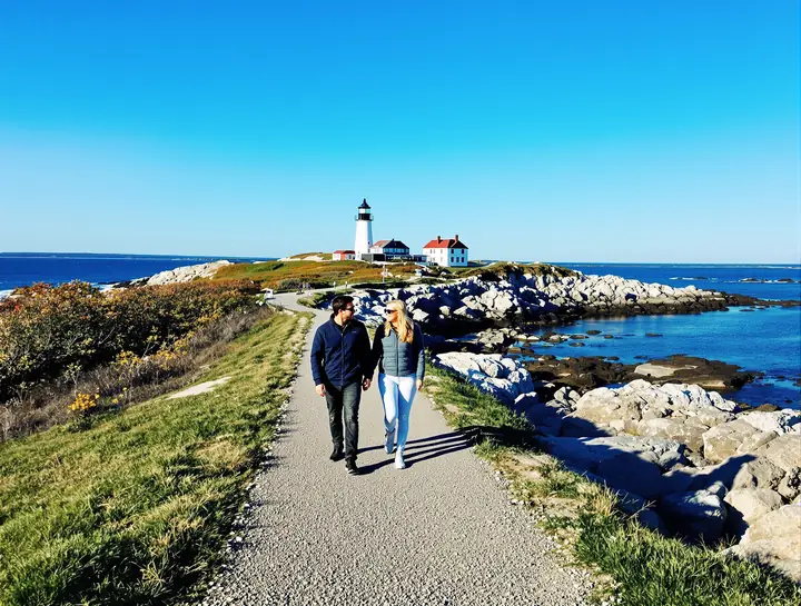 Two people walking the coast path at Fort Williams Park
