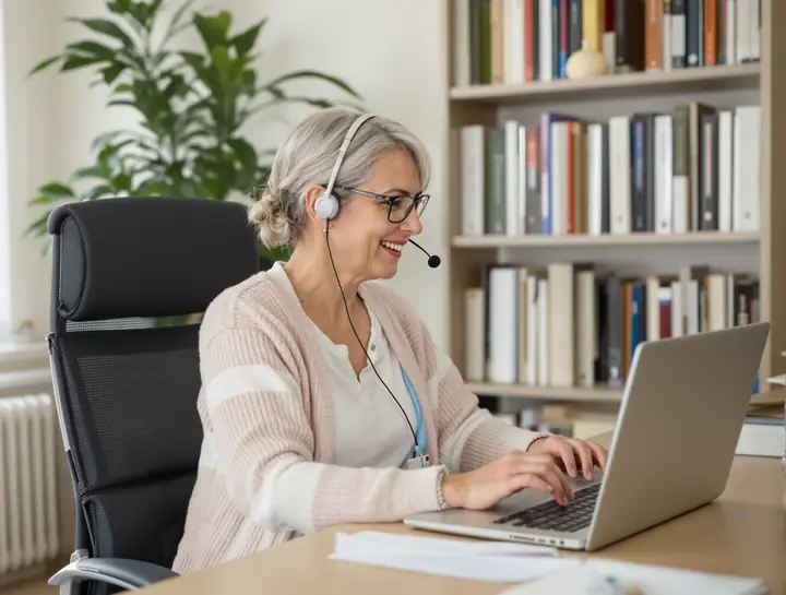 Psychiatric nurse practitioner on a video visit from a quiet office