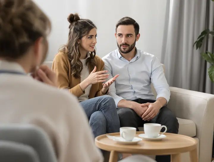 Couple talking together in a bright counseling room