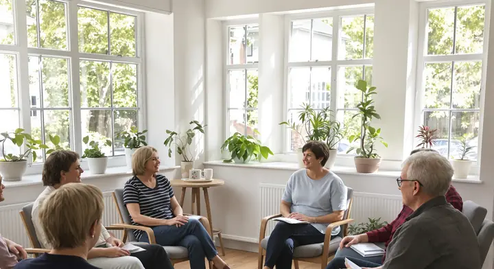 Small group talking in a sunny room with wood floors