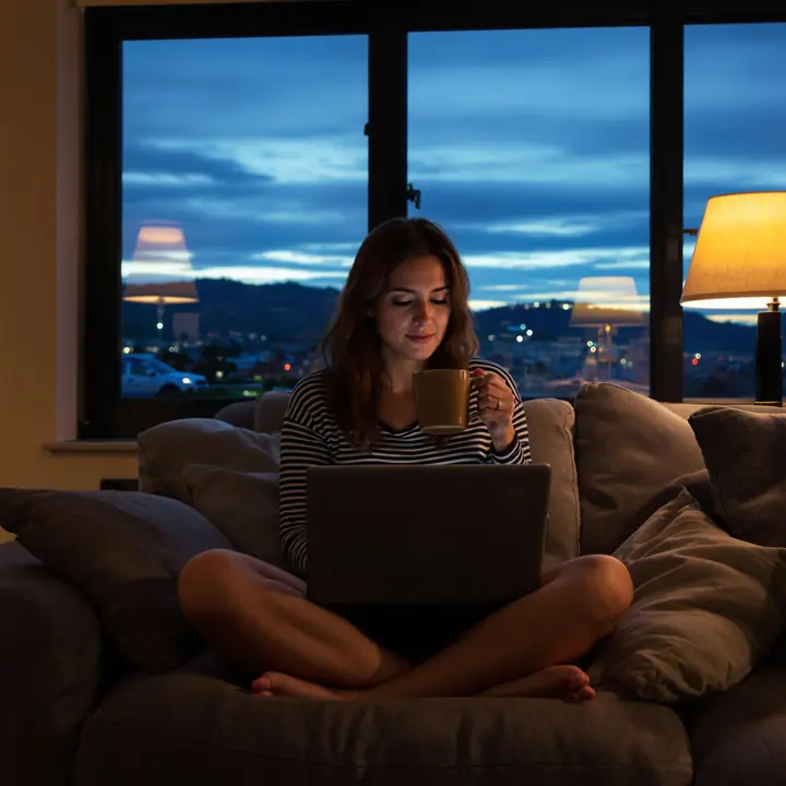 Woman on a video session from her couch in the evening