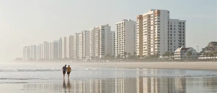 Owners walking the beach below the resort towers in the morning