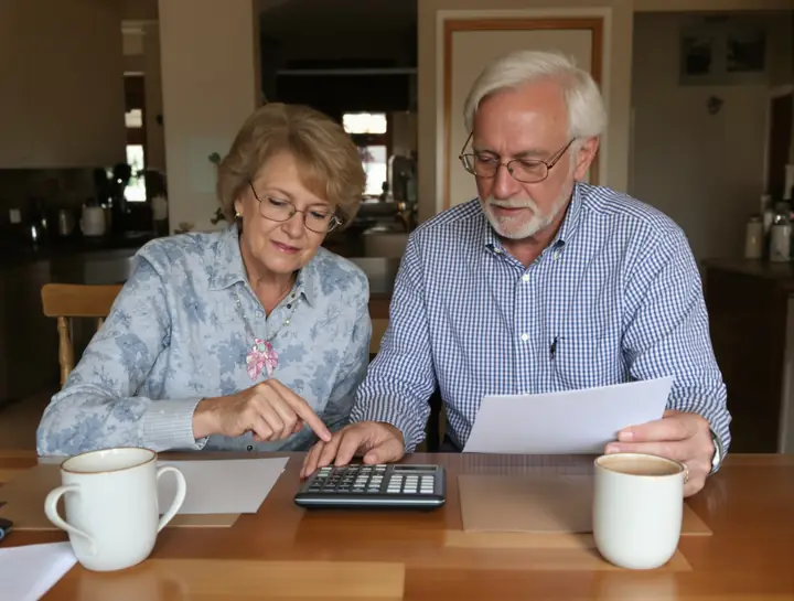 A retired couple adding up their bills at the kitchen table