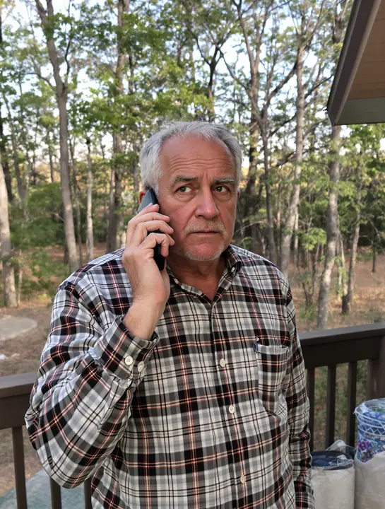 An owner on his deck taking a sales call with a doubtful look