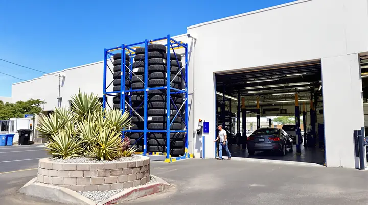 Tire racks and a car on the lift on a Tuesday morning