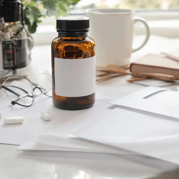 Mail order pharmacy envelopes and a pill bottle on a counter