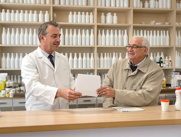 A pharmacist handing a printed fill history to a customer