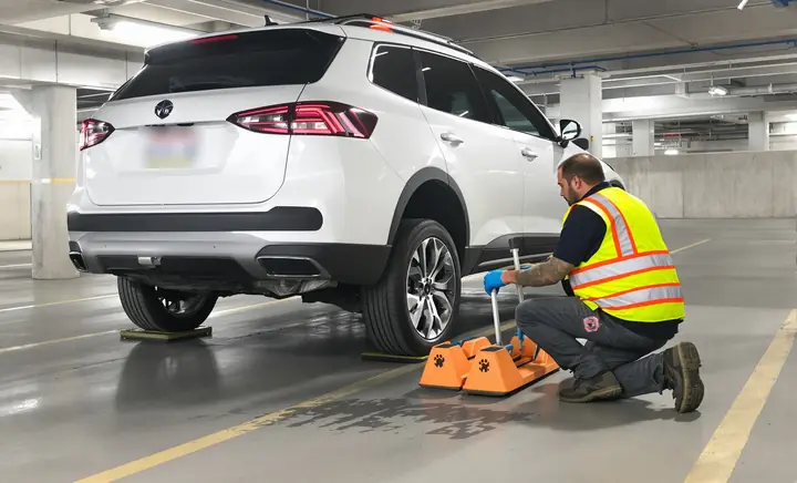 Operator placing wheel dollies under an SUV in a parking deck