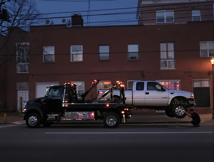 Wheel lift truck picking up a pickup on an Atlanta street at dusk