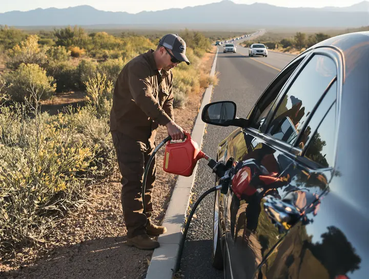 Tech pouring gas from a can into a sedan on a desert highway shoulder