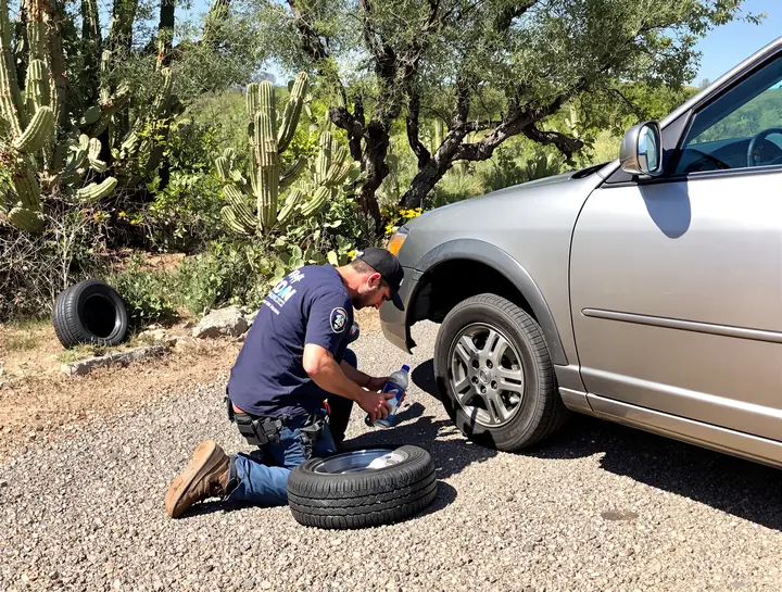 Tech loosening lug nuts on a flat tire on a gravel shoulder with saguaros behind