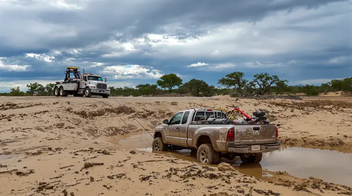 Pickup being winched out of a sandy wash after a monsoon storm