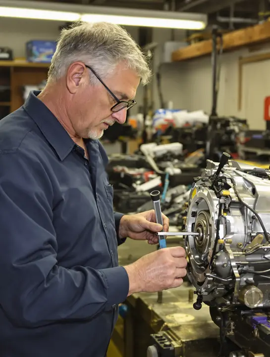 Dale checking clutch pack clearance with a feeler gauge