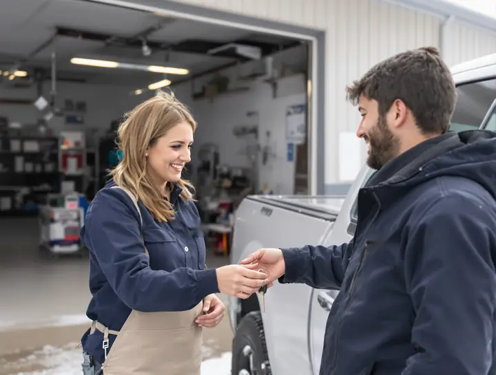 Megan handing keys to a customer in the snow