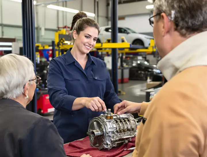 Megan pointing out the shift solenoid on a valve body for a customer couple